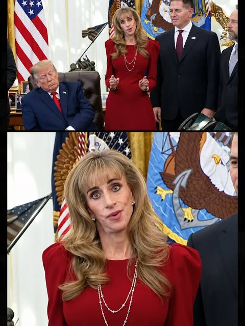 Exhibit B: photo from the White House visit, woman in a red dress speaking
