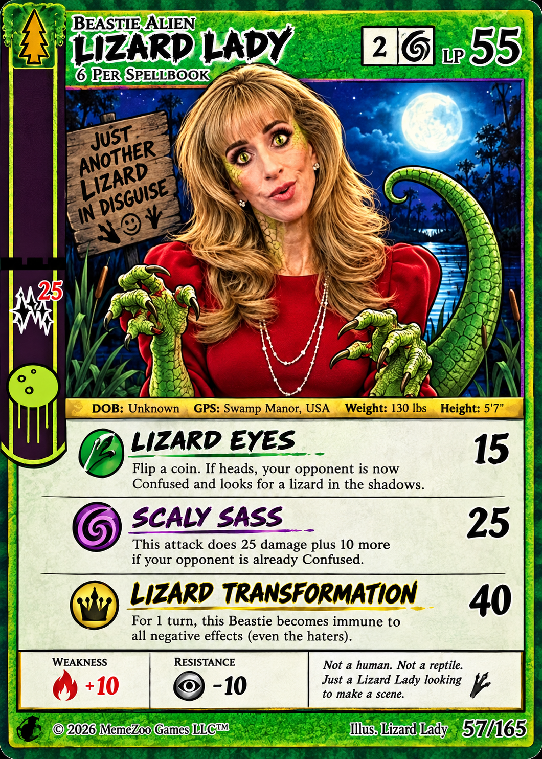 Lizard Lady trading card: a blonde woman in a red dress with green reptilian scales, lizard claws and a long green tail in a moonlit swamp